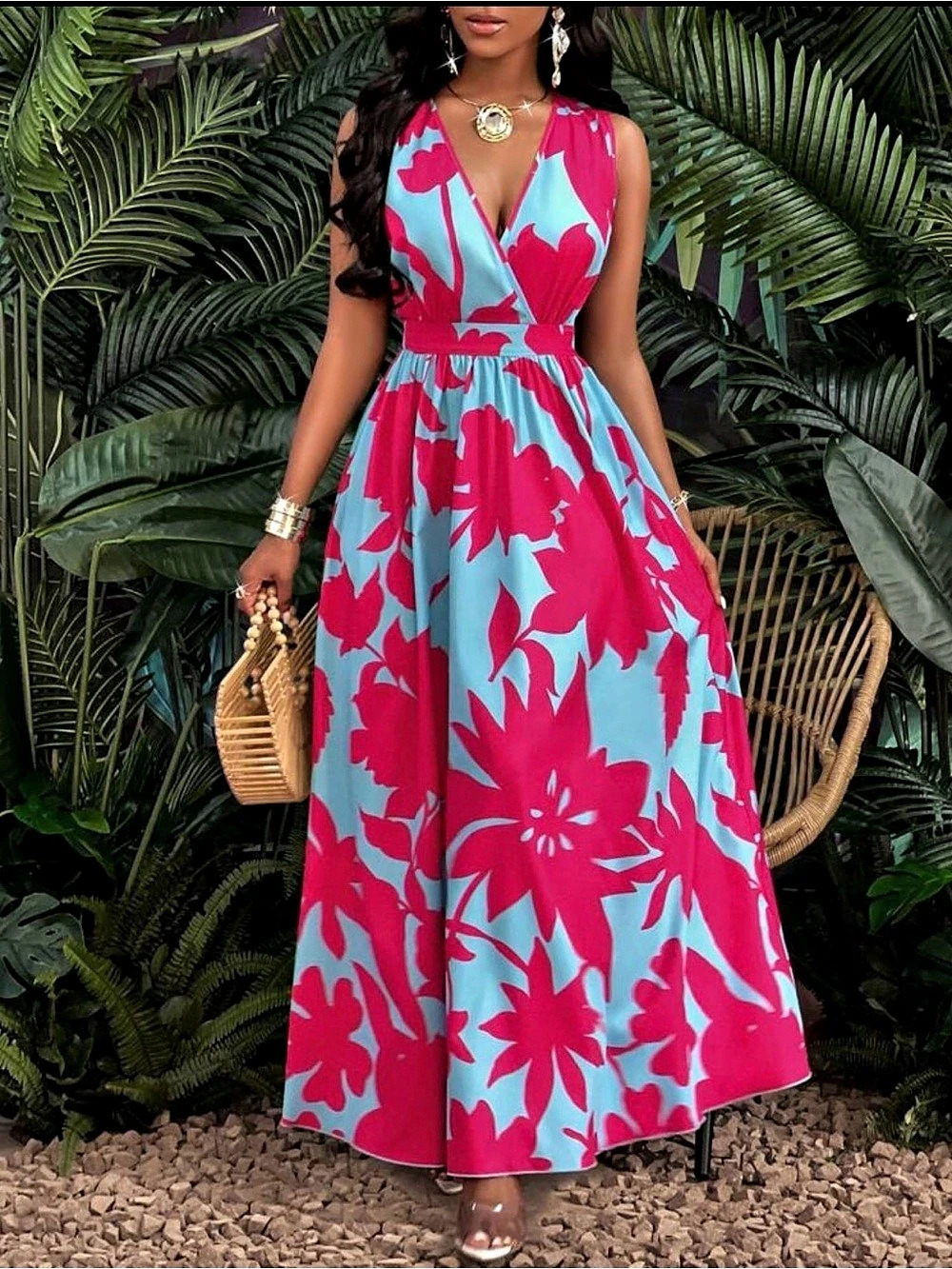 SHEIN Floral Maxi Dress in Blue & Pink Size XL Like New
